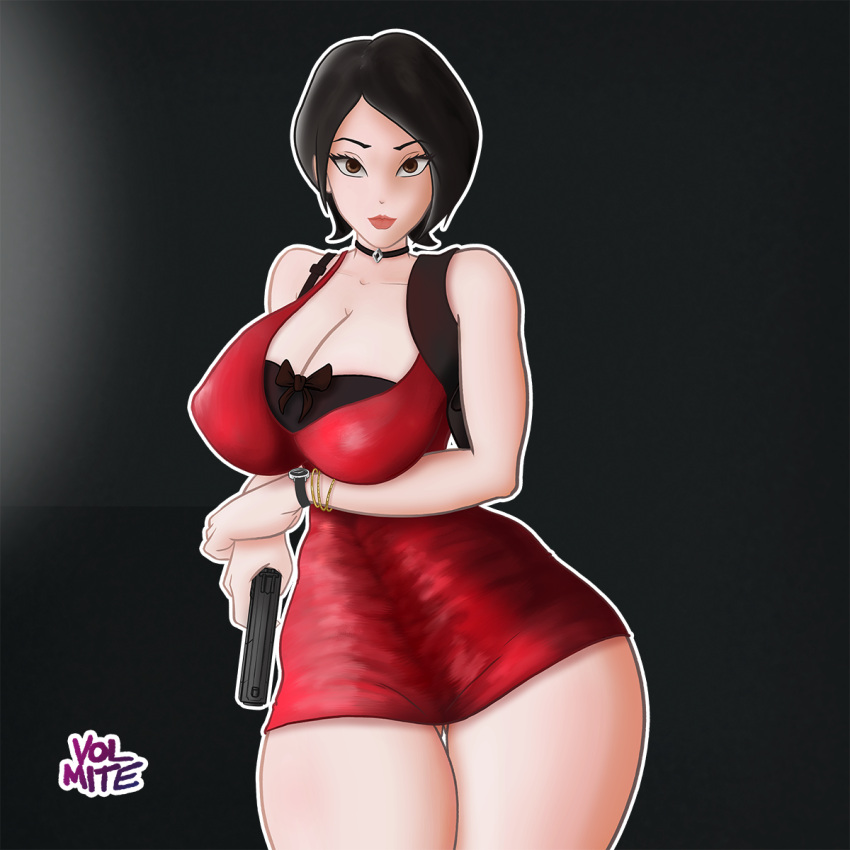 ada_wong ada_wong_(adriana) big_breasts big_thighs chocker gun holding_gun red_dress resident_evil resident_evil_2 volmite