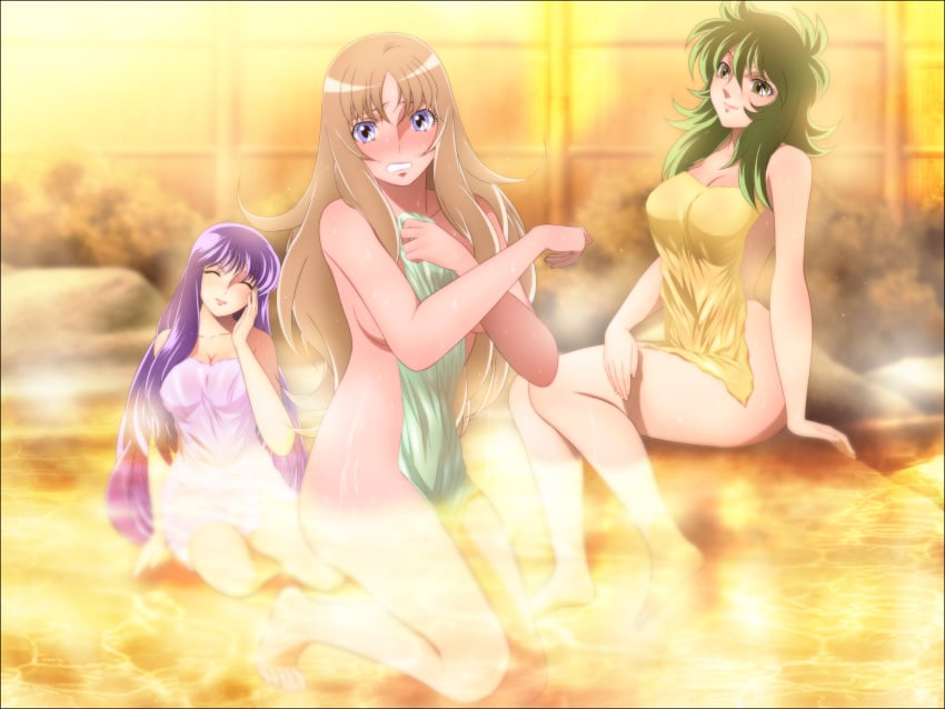 3girls aquila_yuna athena_(saint_seiya) blonde_hair blush breasts bronze_saints female goddess green_hair hot_spring human long_hair looking_at_viewer mix_station multiple_girls naked_towel onsen ophiuchus_shaina pale-skinned_female pale_skin purple_hair saint_seiya saint_seiya_omega saori_kido silver_saints tagme towel water yadokari_genpachirou