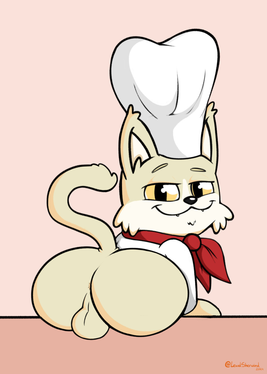 anus ass balls chef_hat clothing domestic_cat felid feline felis genitals hat headgear headwear hi_res looking_at_viewer male male_only mammal raised_tail rear_view sherwind52 simple_background sitting smug smug_face solo tail tan_body yellow_eyes