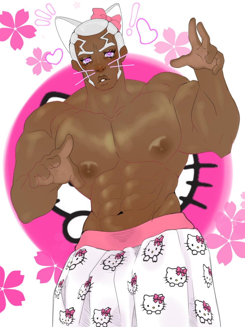 anime bara big_pecs black_body cat_ears dark-skinned_male dark_skin enrico_pucci gay hello_kitty hello_kitty_(character) hello_kitty_(series) jojo's_bizarre_adventure kitty_white muscles purple_eyes sanrio self_upload skirt stone_ocean white_hair