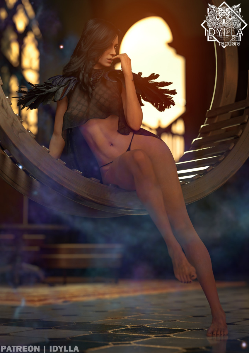 1girls 3d 3d_(artwork) abs belly_button black_hair cd_projekt_red feathers female female_only fit_female hi_res highres idylla looking_to_the_side nail_polish navel see-through see-through_clothing see-through_top solo solo_female the_witcher_(series) the_witcher_3:_wild_hunt thong yennefer