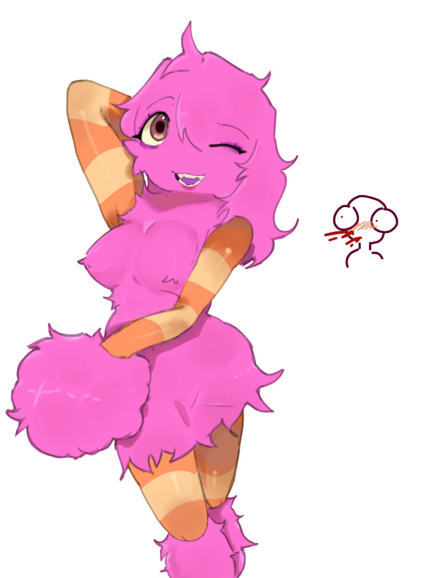 1girls 2024 2d anthro arms_up breasts clothed clothing dominant_female female fur hair humanoid kneehighs legwear looking_at_viewer maomaocatmao medium_hair my_singing_monsters no_humans one_eye_closed open_mouth pink_fur pomily pompom_(my_singing_monsters) smile solo standing thighs tongue white_background