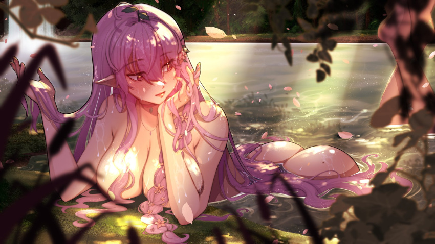 1girls breasts cleavage coley_shroom druid female female_only flower_in_hair forest hair_ornament huge_breasts indie_virtual_youtuber light-skinned_female light_skin monster_girl outside pink_eyes pink_hair pointy_ears slewpie solo virtual_youtuber water