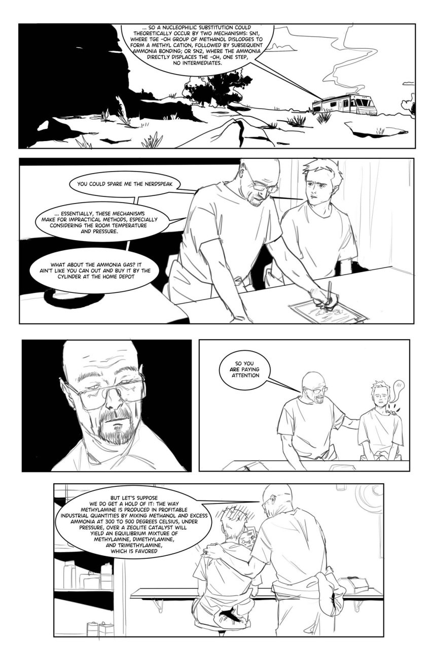 2boys :d ^_^ age_difference bald beard black_and_white breaking_bad comic dialogue duo glasses happy holding_object holding_pencil jesse_pinkman male_only pencil r22 short_comic sitting standing text text_bubble walter_white wholesome