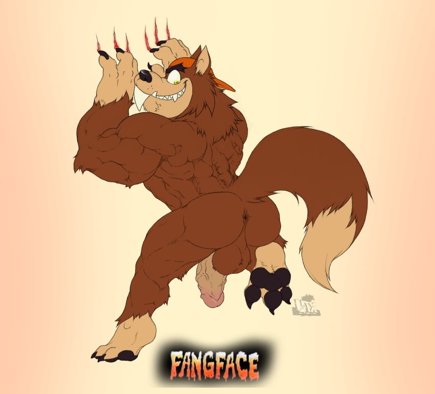 2015 3_toes 4_fingers anthro anus ass back_muscles backsack backwards_baseball_cap backwards_hat balls baseball_cap biceps big_balls big_butt big_muscles big_penis black_nose black_pawpads brown_body brown_fur canid canine clawing clawing_wall clothing digital_media_(artwork) eyebrows fangface feet fingers fur furry_balls genitals half-erect hat hat_only headgear headgear_only headwear headwear_only hi_res hiked_leg humanoid_genitalia humanoid_penis looking_back male mammal mostly_nude muscular muscular_anthro muscular_male nude pawpads paws penis perineum quads raised_leg sharp_teeth simple_background smile solo tan_body tan_fur teeth toes utx-shapeshifter vein veiny_penis were werecanid werecanine werewolf