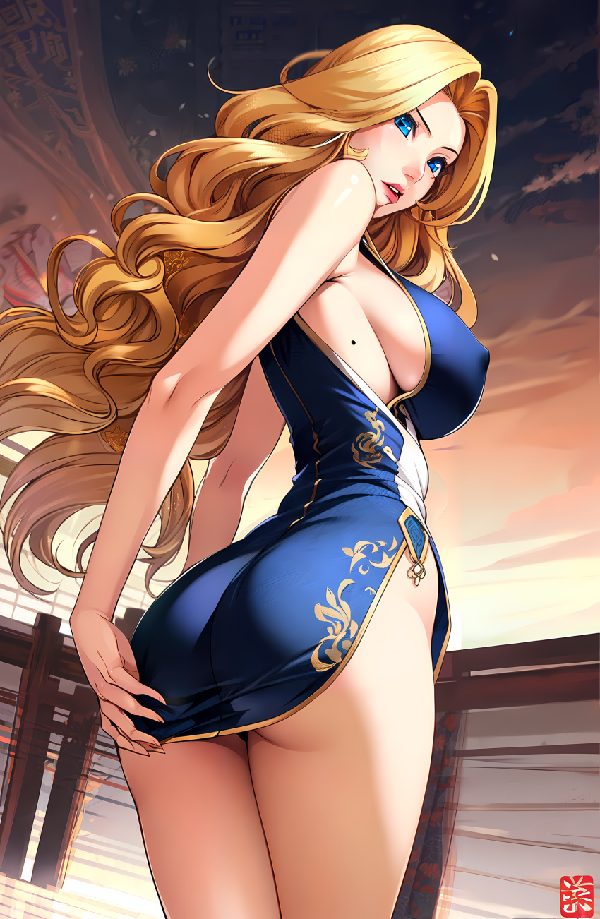 ai_generated ass beauty_mark bleach blonde_hair blue_eyes breasts china_dress chinese_clothes curvaceous_figure dress female full_lips large_breasts long_hair matsumoto_rangiku mole mommy nipple_bulge pantyshot pantyshot_(standing) sideboob solo stable_diffusion unstable_diffusion wavy_hair