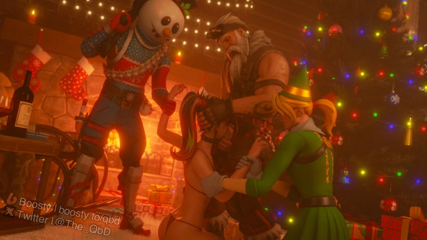 2boys 2girls black_hair blowjob choker christmas christmas_outfit christmas_present christmas_tree cum cum_in_mouth earrings epic_games fellatio forced_oral fortnite hand_on_penis have_you_completed_your_winterfest_quests_for_additional_xp helsie_(fortnite) holding_hands holding_head light-skinned_female light-skinned_male lingerie muscular muscular_male older_male oral sgt_winter_(fortnite) slushy_soldier_(fortnite) snowbell_(fortnite) tattoo the_qbd underwear weapon white_hair winterfest yellow_hair