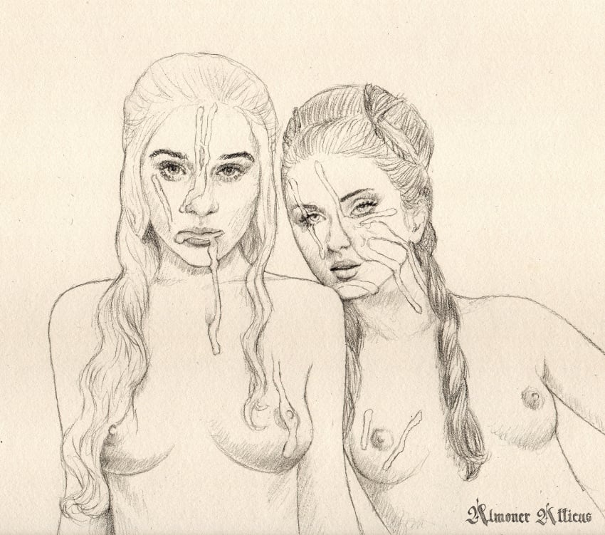 2girls a_song_of_ice_and_fire actress after_cumshot after_fellatio almoner_atticus celebrity cum_covered cum_on_breasts cum_on_face daenerys_targaryen emilia_clarke female female_focus female_only game_of_thrones multiple_girls sansa_stark sophie_turner