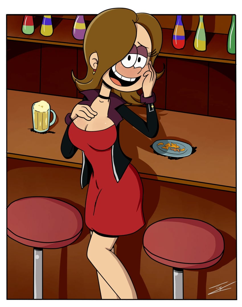 1girls aged_up bar big_breasts big_chest black_jacket blushing_at_viewer brown_hair_female dress grown_up hair_down hand_on_own_chest looking_at_viewer makeup mature_woman mollie_(the_loud_house) pepemay93 red_dress solo_female the_loud_house voluptuous_female