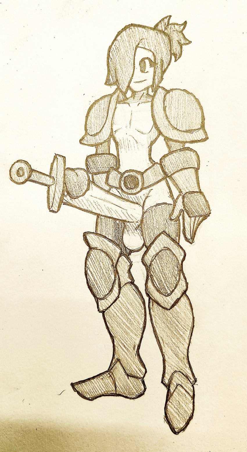 1boy armor armwear bodohcibai casual exposed_torso femboy human impractical_armor knight legwear male male_only male_urethral_insertion monochrome pale_skin sketch solo sword sword_in_penis urethral_insertion weapon