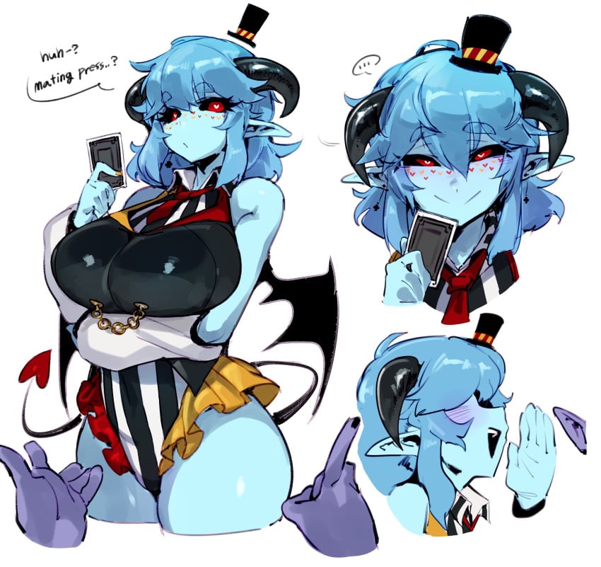 ... 1boy 1girls big_breasts black_sclera blue_body blue_hair blue_skin blush clothed demon demon_girl demon_horns dialogue doppel english_text female freckles heart heart-shaped_pupils heart_freckles hi_res horns leotard looking_at_viewer opaluva opaluva_(character) open_mouth original pointy_ears red_eyes short_hair smile smiling smiling_at_viewer standing succubus text thick_thighs white_background