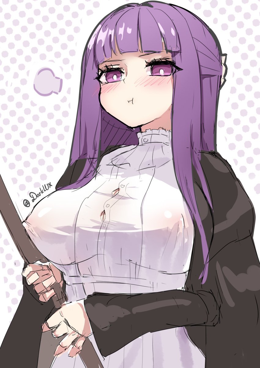 1girls big_breasts blush clothed darklux embarrassed fern_(sousou_no_frieren) long_hair looking_at_viewer nipples nipples_visible_through_clothing purple_eyes purple_hair see-through solo sousou_no_frieren staff standing