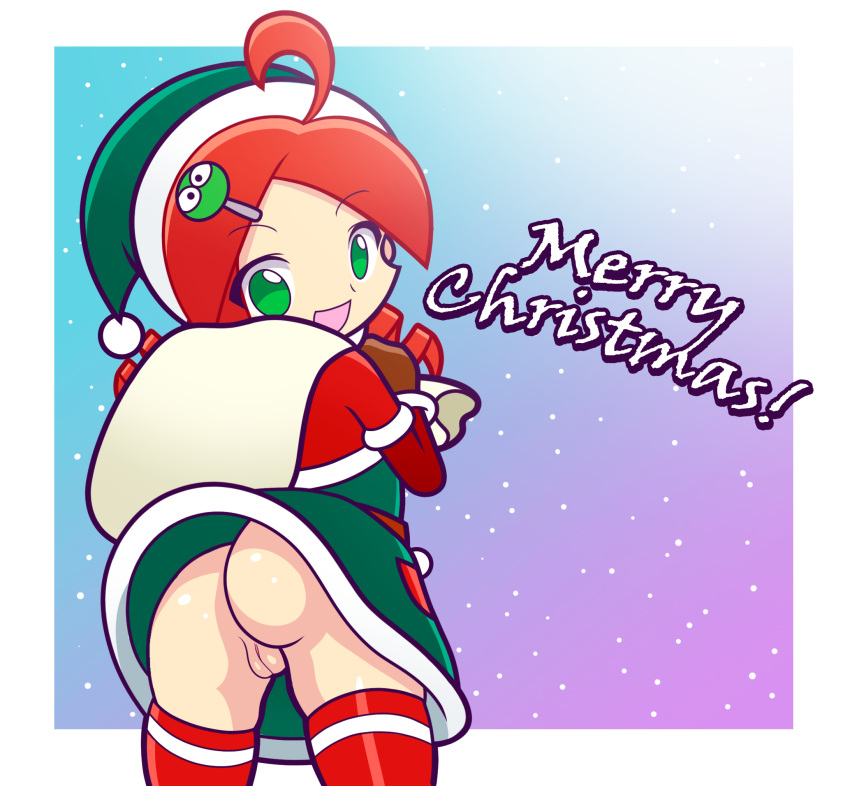 1girls 2023 accurate_art_style andou_ringo ass ass_focus bottomless christmas christmas_outfit clothing female female_only furii_(artist) green_eyes light-skinned_female light_skin partially_clothed pussy puyo_puyo puyo_puyo_7 puyo_puyo_artstyle puyo_puyo_fever red_hair sack santa_hat sega solo solo_female stockings style_parody thighhighs