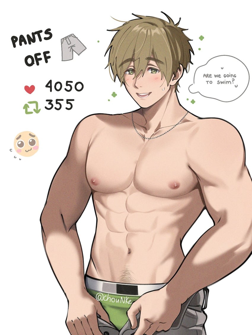 abs anime_style chest chounke free! green_underwear happy_trail makoto_tachibana male male_focus male_only muscular muscular_male nipples open_pants pants pecs pectorals pink_nipples solo solo_focus solo_male underwear visible_underwear