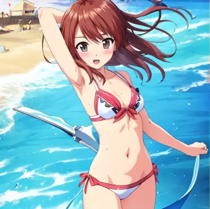 1girls ai_generated alternate_hairstyle anime arm_behind_head armpits beach bikini breasts brown_hair cleavage coquelicot female female_only grey_eyes hi_res legs looking_at_viewer medium_breasts navel ocean pose posing sakura_wars sega smile solo swimsuit thighs water