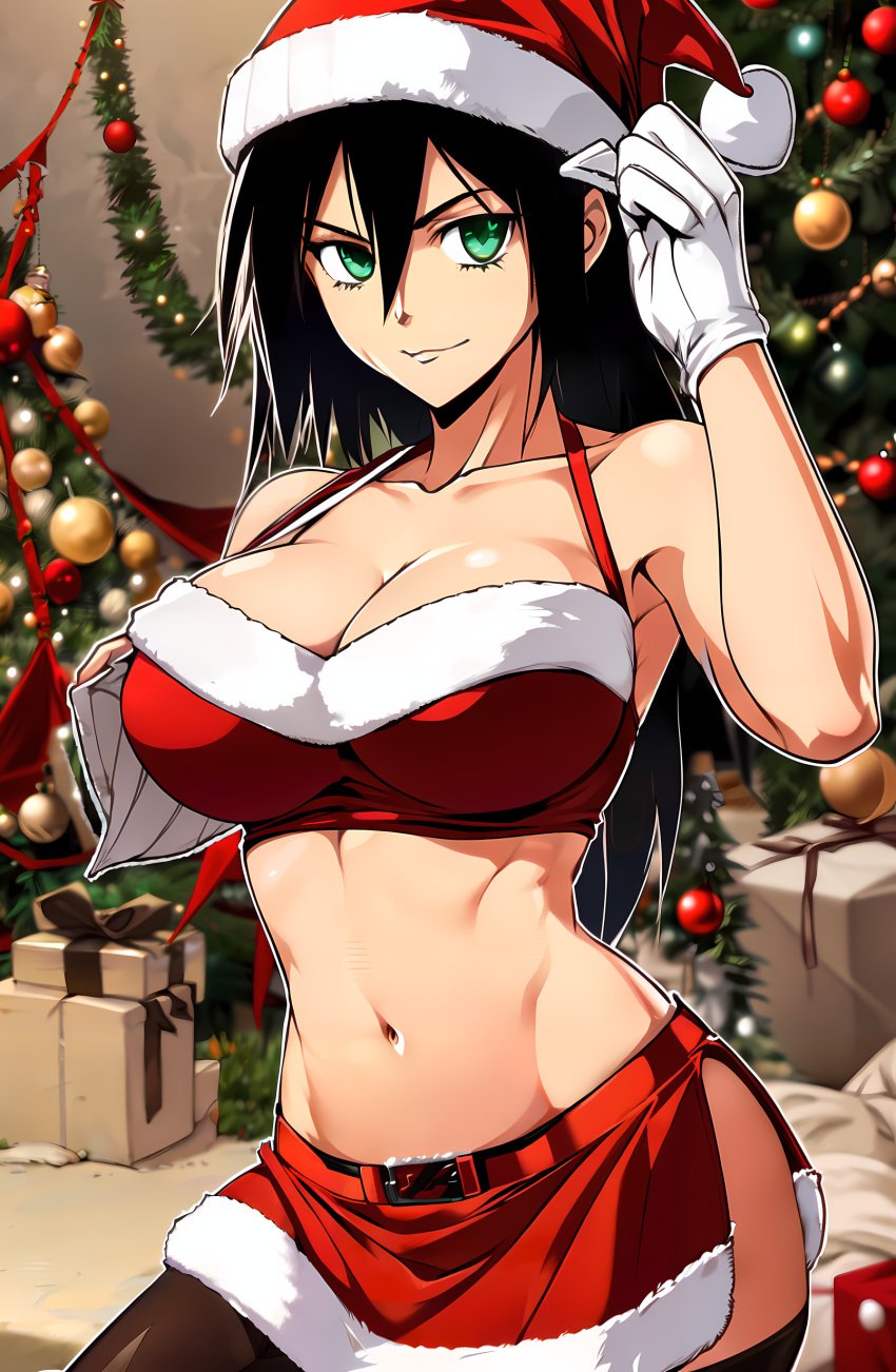 ai_generated amputee bandages black_hair bleach breasts christmas female female gloves green_eyes hat kukaku_shiba large_breasts long_hair merry_christmas messy_hair midriff missing_arm navel pantyhose sack santa santa_costume santa_hat skirt solo stable_diffusion thighhighs unstable_diffusion