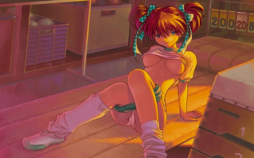 asuka_langley_sohryu bow bows breasts brown_hair buruma buruma_pull clothing duplicate dusk footwear gym gym_storage_room gym_storeroom gym_uniform hair hair_ribbon high_res highres kneehighs kobayashi_yuji kobayashi_yuuji legs loose_socks medium_breasts neon_genesis_evangelion no_bra oppai panties ribbon school shirt shirt_lift shitapai shorts shorts_pull sitting socks sunlight tied_hair twintails underboob underwear uwabaki vaulting_horse wallpaper white_socks