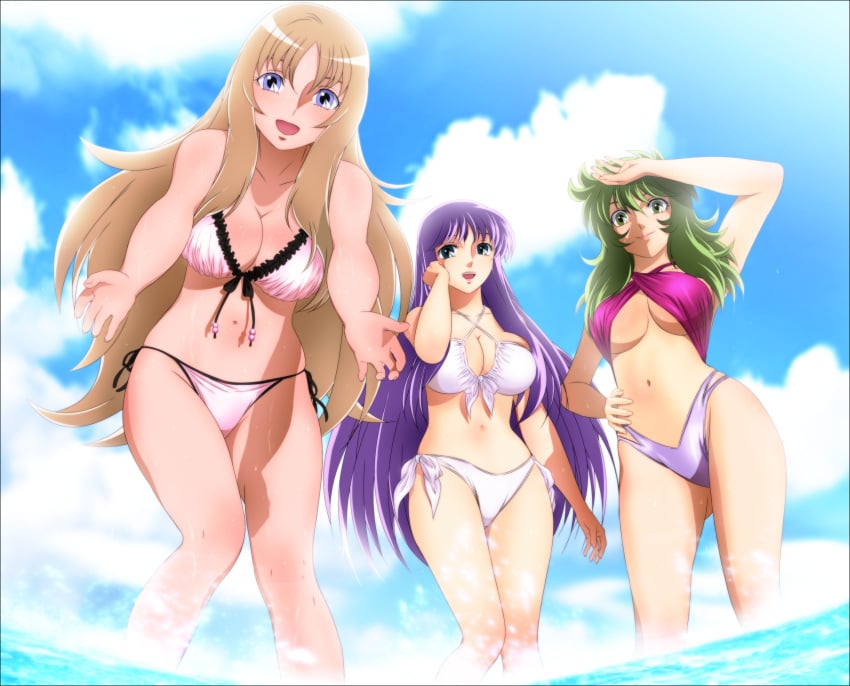 3girls aquila_yuna athena_(saint_seiya) beach bikini blonde_hair breasts bronze_saints female goddess green_hair human long_hair mix_station ophiuchus_shaina pale-skinned_female pale_skin paradise purple_hair saint_seiya saint_seiya_omega saori_kido silver_saints swimsuit tagme trio yadokari_genpachirou