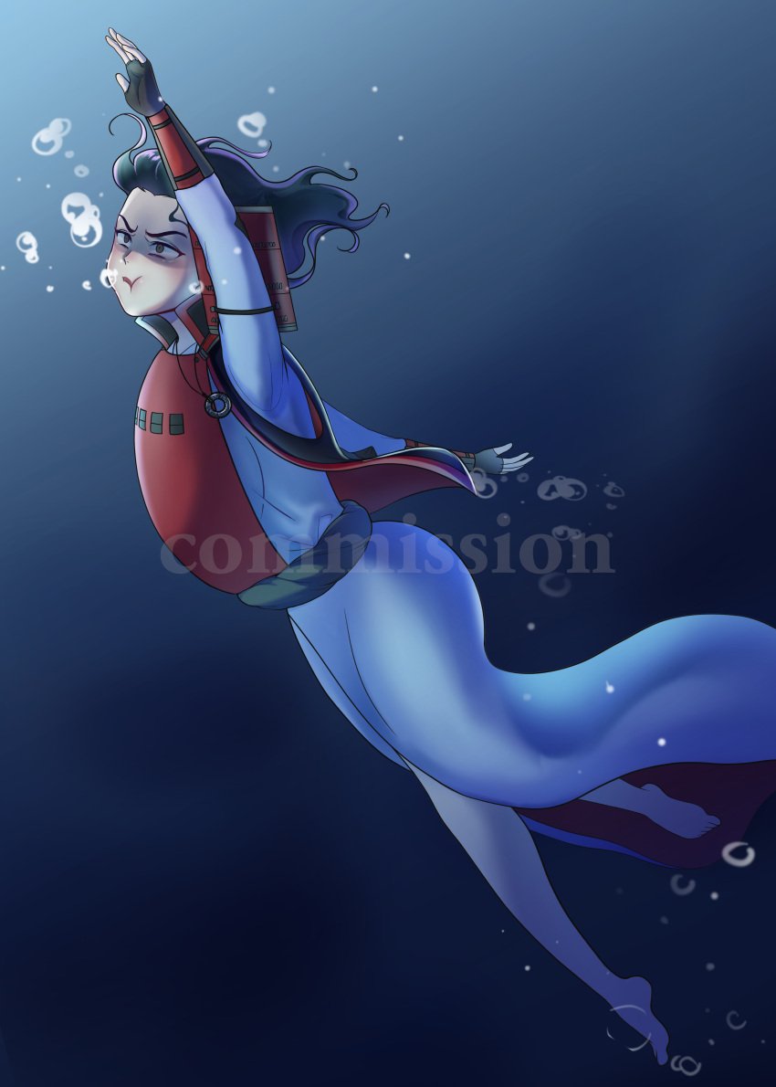 armor asphyxiation barefoot black_hair clothing drowning female female_only fingerless_gloves heathcliff_(artist) japanese_clothes kimono necklace original original_character peril samurai solo solo_female swimming underwater