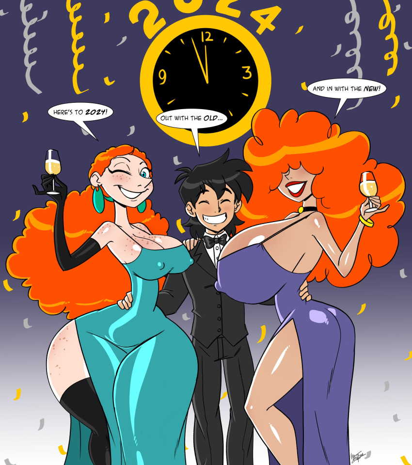 1boy 2girls aeolus06 ass_vs_breasts big_breasts bigdad bottom_heavy breast_size_difference breasts_bigger_than_head butt_size_difference cartoon_network disney dress female happy_new_year huge_ass huge_breasts inner_workings kate_(inner_workings) powerpuff_girls sara_bellum suit thick_thighs thighhighs top_heavy