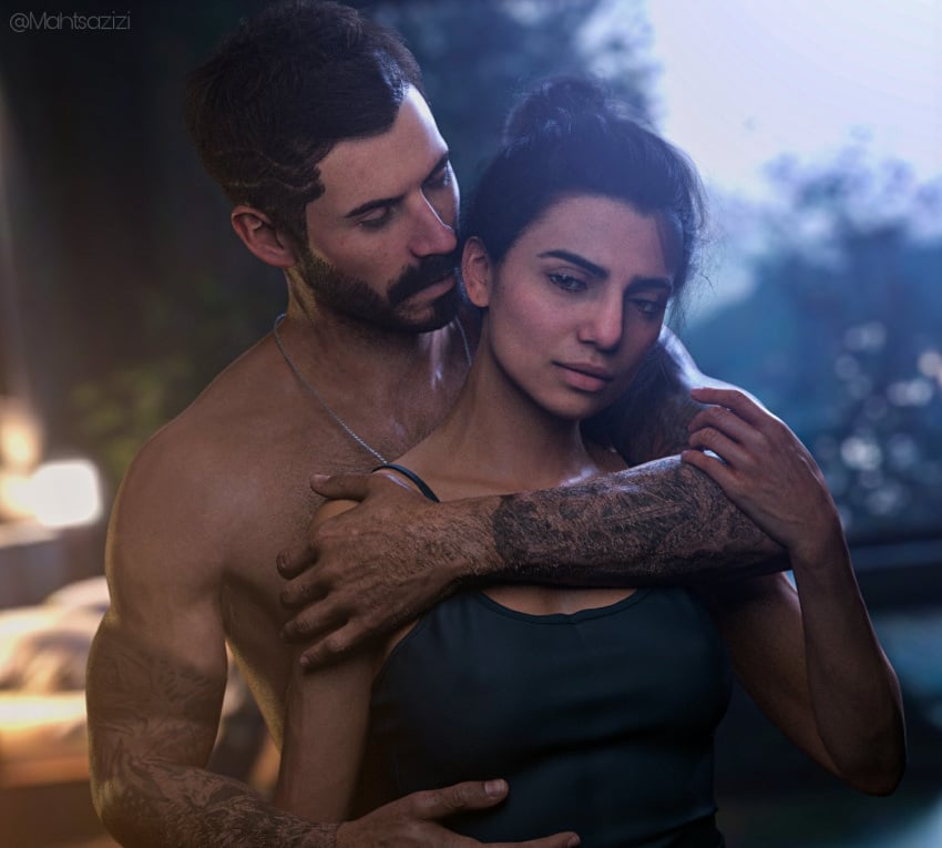 3d 3d_model activision alex_keller black_hair brown_eyes brown_hair call_of_duty call_of_duty_modern_warfare_2_(2022) farah_karim female female/male holding_partner infinity_ward interracial loving loving_embrace mahtsazizi male male/female nonsexual passionate romantic straight tattooed_arm tattooed_male tattoos