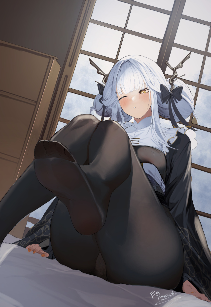 1girls absurd_res bangs black_legwear blanc_(nikke) blanc_(white_rabbit)_(nikke) blush brown_eyes clothed feet female female_only goddess_of_victory:_nikke hair_bun hair_ornament hair_ribbon indoors legwear light-skinned_female light_skin long_hair mostly_clothed nails nyahpa20 onsen painted_nails sidelocks solo thick thighs white_hair