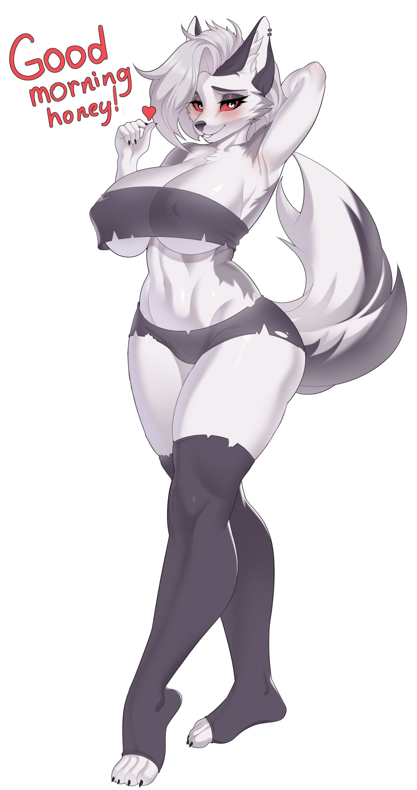 1girls anthro big_breasts breasts busty canid canid_demon canine clothing demon demon_girl ear_piercing female female_only furry furry_only goth grey_body grey_fur grey_hair hellhound helluva_boss legwear long_tail loona_(helluva_boss) mammal piercing red_sclera stockings tail weelzelu white_body white_eyes white_fur