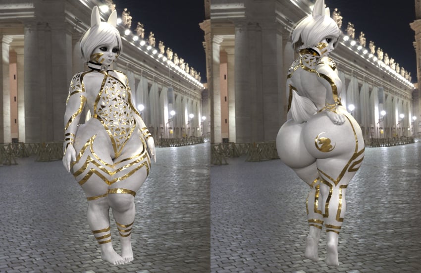 3d_(artwork) alternate_version_available barefoot black_sclera black_tape_project body_tape bunny_girl collar gold gold_trim huge_ass rivaliant shortstack slave_collar tape thick_thighs white-skinned_female white_hair white_silk white_skin