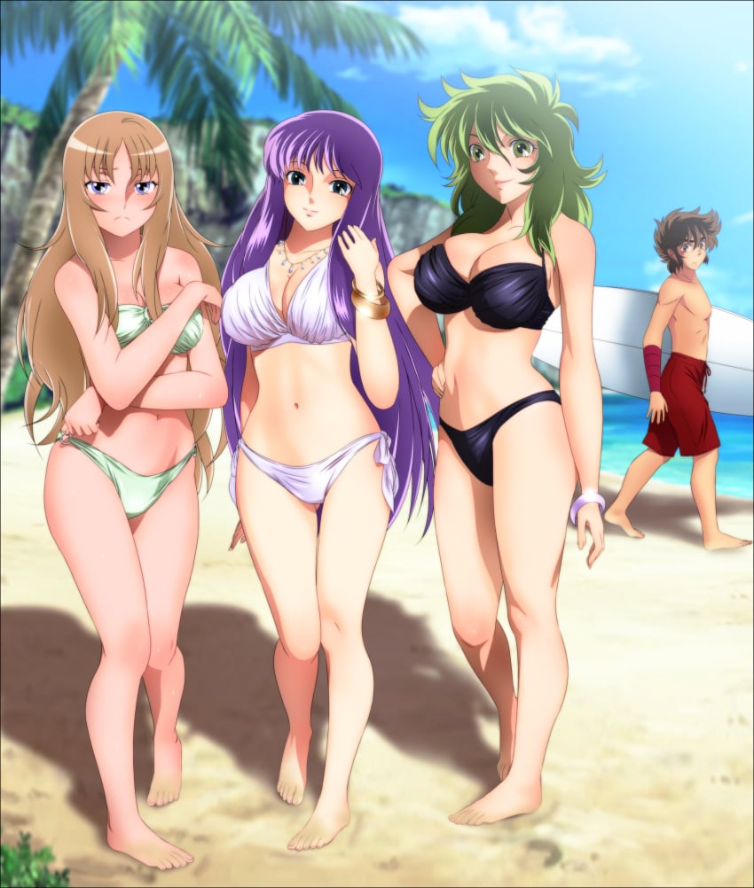 3girls aquila_yuna athena_(saint_seiya) beach blonde_hair breasts bronze_saints female goddess green_hair human long_hair male mix_station ophiuchus_shaina pale-skinned_female pale_skin pegasus_seiya purple_hair saint_seiya saint_seiya_omega saori_kido silver_saints swimsuit tagme yadokari_genpachirou