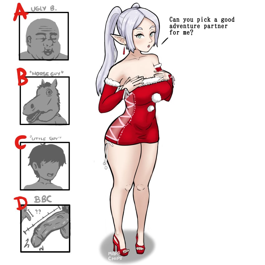 1girls 2d accurate_art_style big_penis braid braids christmas christmas_clothing christmas_outfit clothed dark-skinned_male dress elf elf_ears elf_female english_text female frieren full_body fully_clothed heels horse human little_guy looking_at_viewer mapachips medium_breasts sousou_no_frieren talking_to_viewer text thick_thighs tiny_penis twintails ugly_bastard white_hair white_skin xmas zoophilia