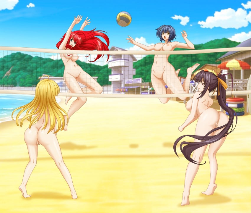 4girls absurdres akeno_himejima asia_argento ass ball barefoot beach beach_volleyball completely_nude completely_nude_female exhibitionism female female_focus female_only full_body girls_only high_school_dxd highres jumping martinstorm multiple_girls naked naked_female nude nude_female nudist only_female open_mouth public public_indecency pussy rias_gremory sand sky uncensored vagina volleyball volleyball_net xenovia_quarta zenra