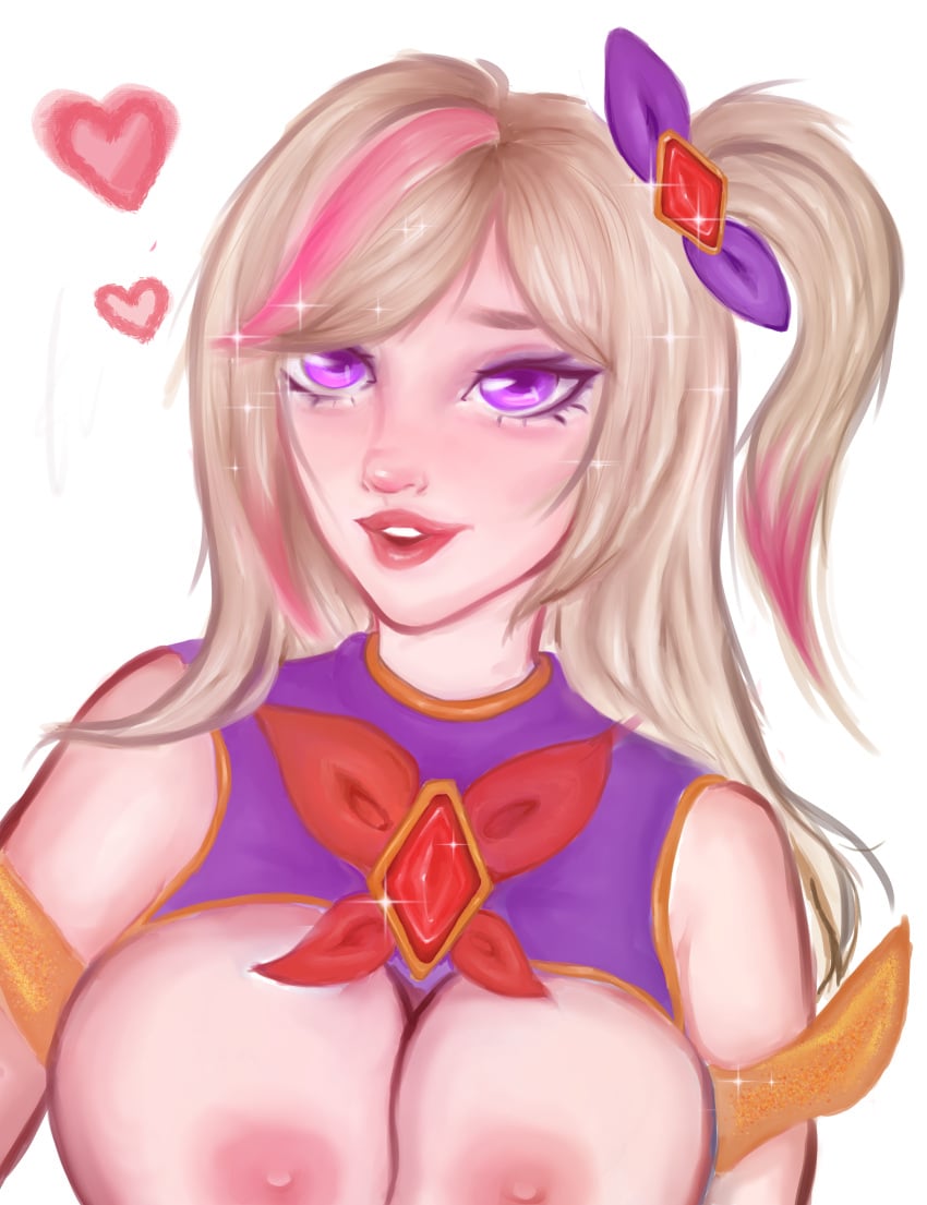 big_breasts big_nipples blonde_hair breasts cute digital_drawing_(artwork) digital_media_(artwork) huge_breasts large_breasts league_of_legends light-skinned_female light_skin nipples no_bra nude nude_female pink_nipples portrait purple_eyes seraphine_(league_of_legends) smile star_guardian star_guardian_seraphine star_guardian_series teenager uncensored zeurita