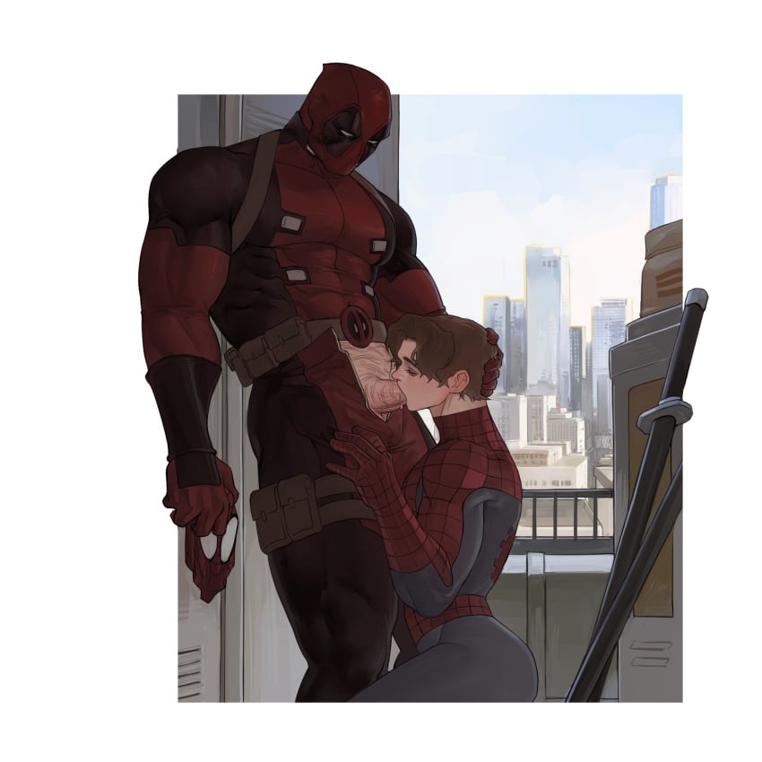 ass blowjob blowjob_only city_background deadpool fellatio gay lkikai male male/male marvel mask mask_removed masked masked_male oral oral_sex peter_parker spider-man spider-man_(series) superhero superhero_costume wade_wilson yaoi