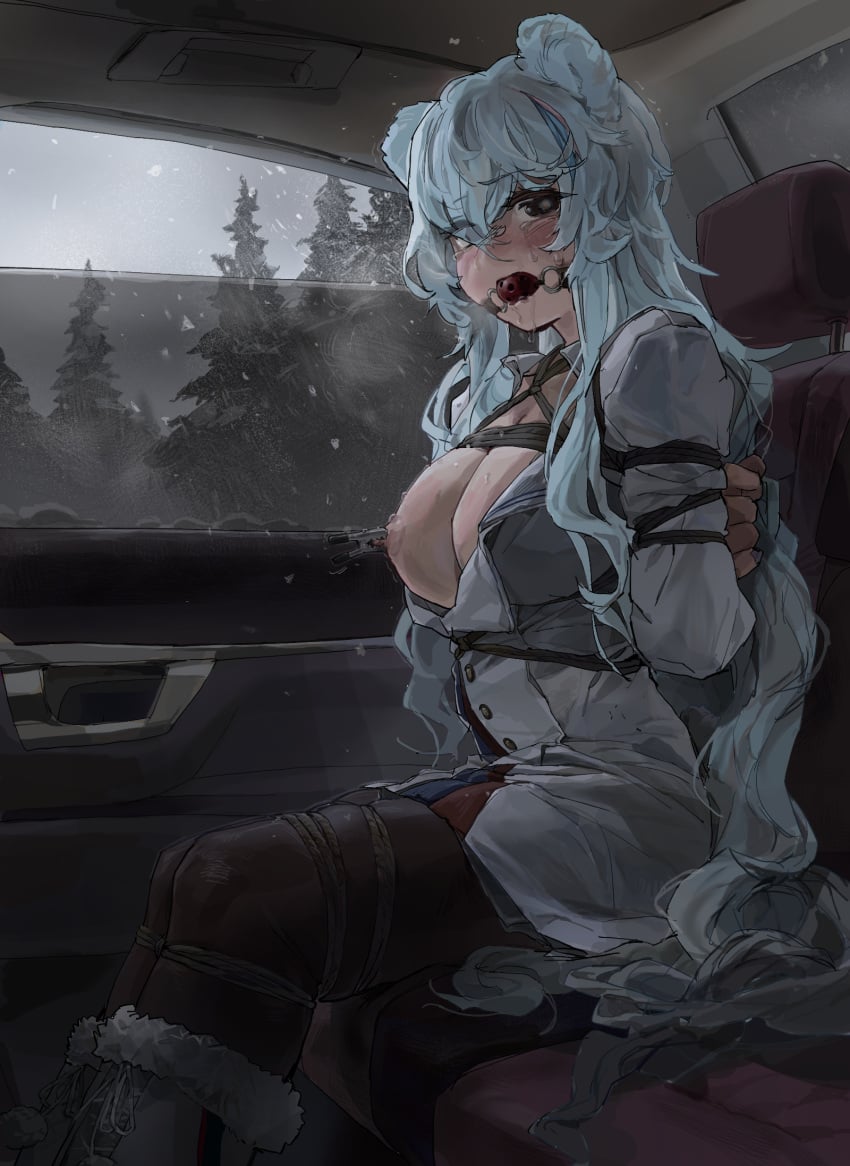 1girls 2023 a_tea animal_ears arknights bear_ears bear_girl big_breasts blush bondage bondage_gear breasts breasts_out gag hi_res kemonomimi kidnapped light-skinned_female light_skin long_hair mouth_gag nipples rosa_(arknights) sitting solo tears tied tied_up white_hair