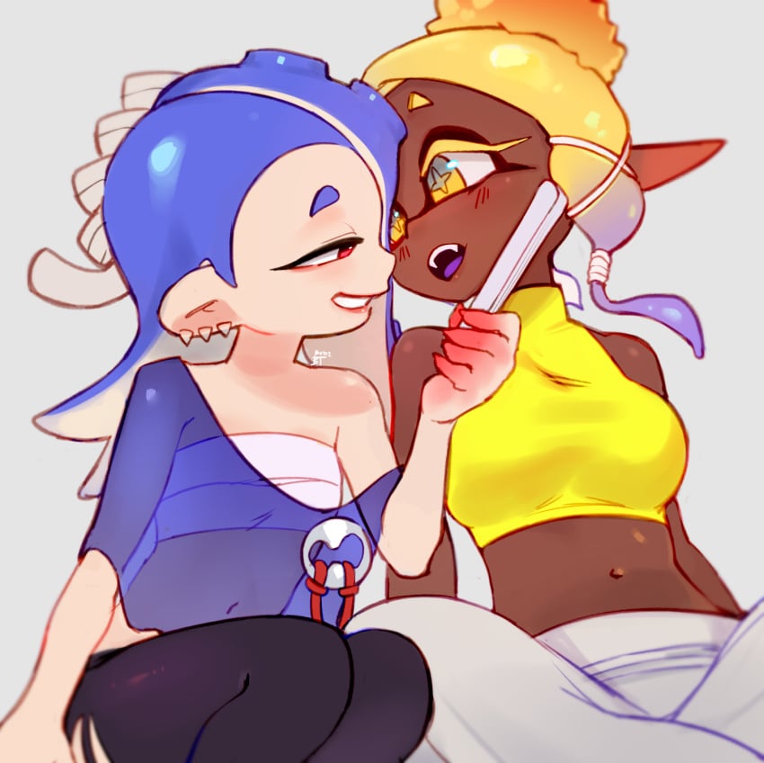 2girls asian asian_female benzbt blue_hair blush cute dark-skinned_female fan fangs frye_(splatoon) frye_onaga indian_female inkling inkling_girl light-skinned_female looking_at_another midriff octoling octoling_girl red_eyes sfw shiver_(splatoon) shiver_hohojiro simple_background smile splatoon splatoon_(series) splatoon_3 tentacle_hair wholesome yellow_eyes yellow_hair yuri