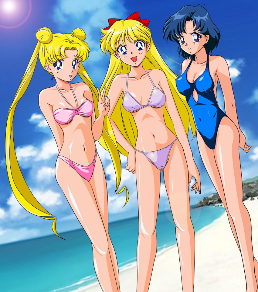 3girls ami_mizuno beach bikini bishoujo_senshi_sailor_moon blonde_hair blue_eyes blue_hair bow female female_only gentoku hairbow long_twintails looking_at_viewer minako_aino multiple_girls one-piece_swimsuit outdoor outdoors small_breasts standing swimsuit twintails usagi_tsukino v