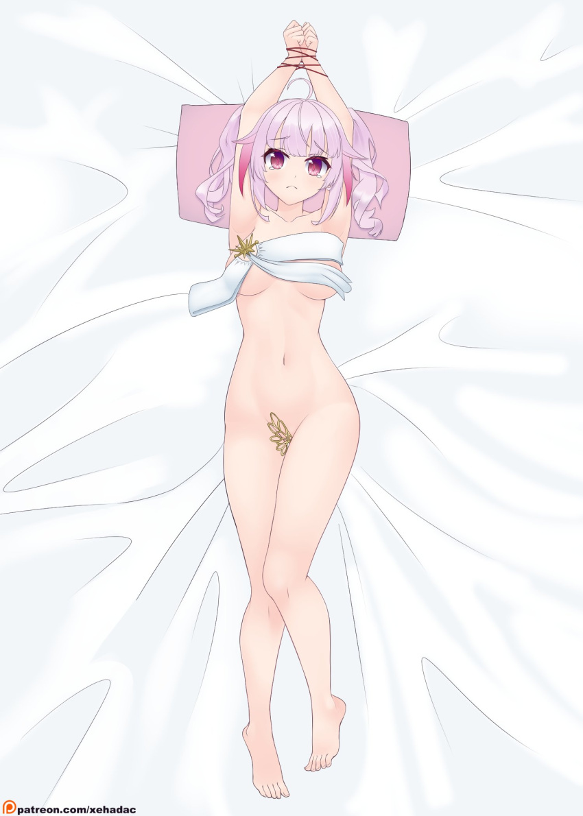 1girls :( ahoge amoria barefoot bed_sheet belly_button big_breasts blush breasts covered_breasts covered_nipples crying crying_with_eyes_open embarrassed eyebrows_visible_through_hair feet female female_only light-skinned_female light_skin looking_at_viewer on_bed pillow pink_eyes pink_hair pink_pillow restrained solo solstice_(v&amp;u) twintails virtual_and_universe_(v&amp;u) virtual_youtuber white_bed_sheet xehadac