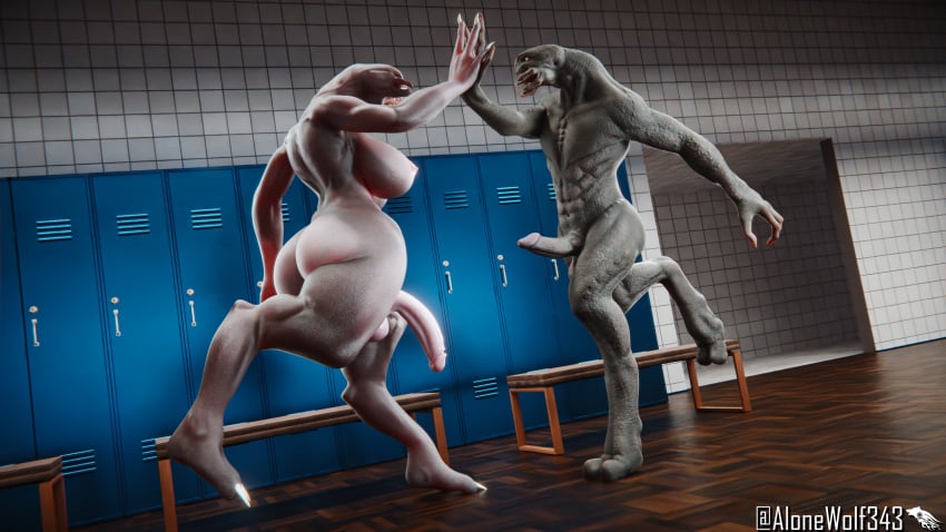 3d 3d_(artwork) alien alien_girl alien_humanoid alonewolf343 big_ass big_balls big_breasts big_butt big_penis big_thighs blender_(software) blender_cycles futanari halo_(game) halo_(series) high_five huge_ass huge_butt huge_cock locker_room male sangheili silly