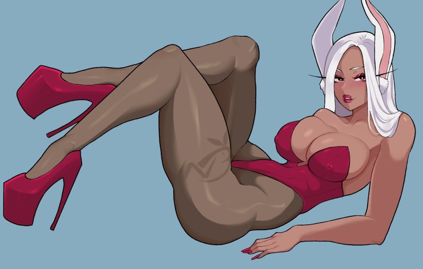 ass bunny_ears bunnysuit dark-skinned_female dark_skin high_heels huge_ass huge_breasts lipstick miruko my_hero_academia nightbunny69 red_eyes red_high_heels rumi_usagiyama wide_hips