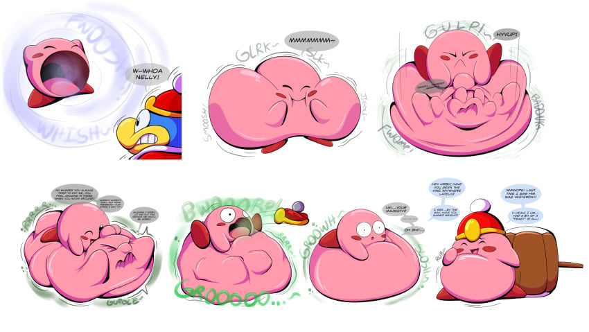 absurd_res accidental_digestion accidental_vore after_vore belly belly_rub big_belly cheek_bulge clothing dialogue digestion digestion_noises digestion_sequence duo hi_res king_dedede kirby kirby_(series) lying male nintendo on_front oral_vore rumbling_stomach sequence swallowing tepigfan101 vore