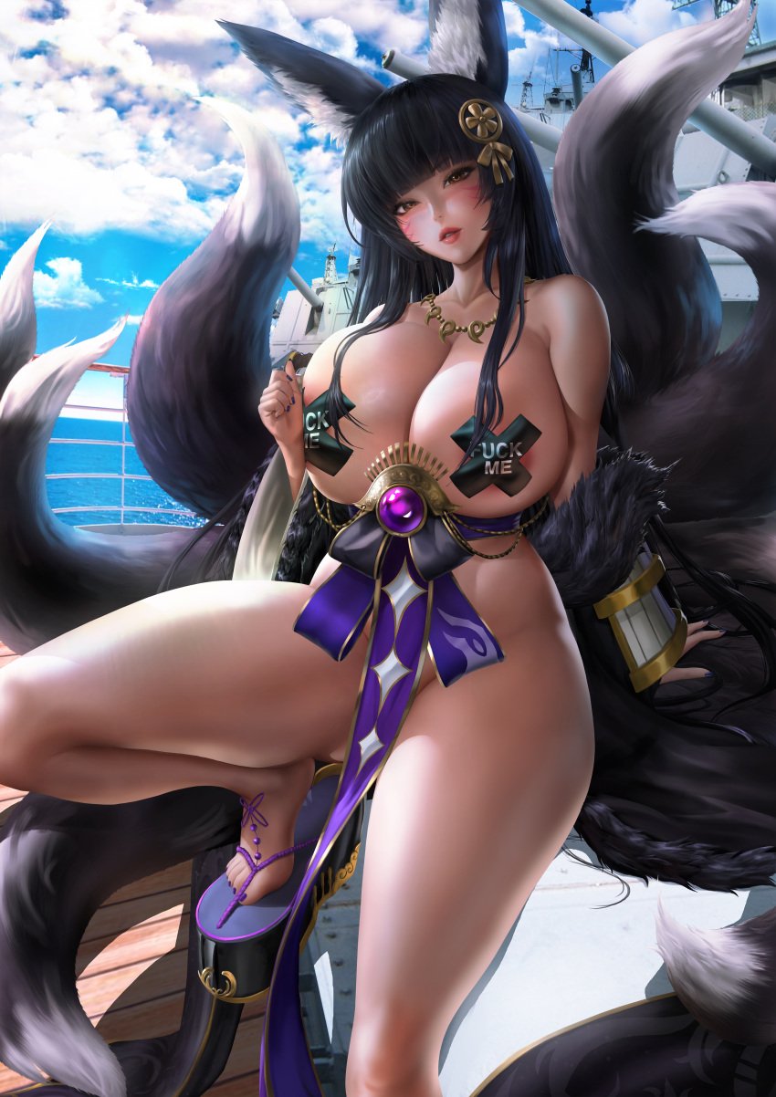 1girls azur_lane black_hair fox_ears fox_girl huge_breasts lexaiduer long_hair looking_at_viewer musashi_(azur_lane) pasties pasties_with_text seductive_look voluptuous voluptuous_female