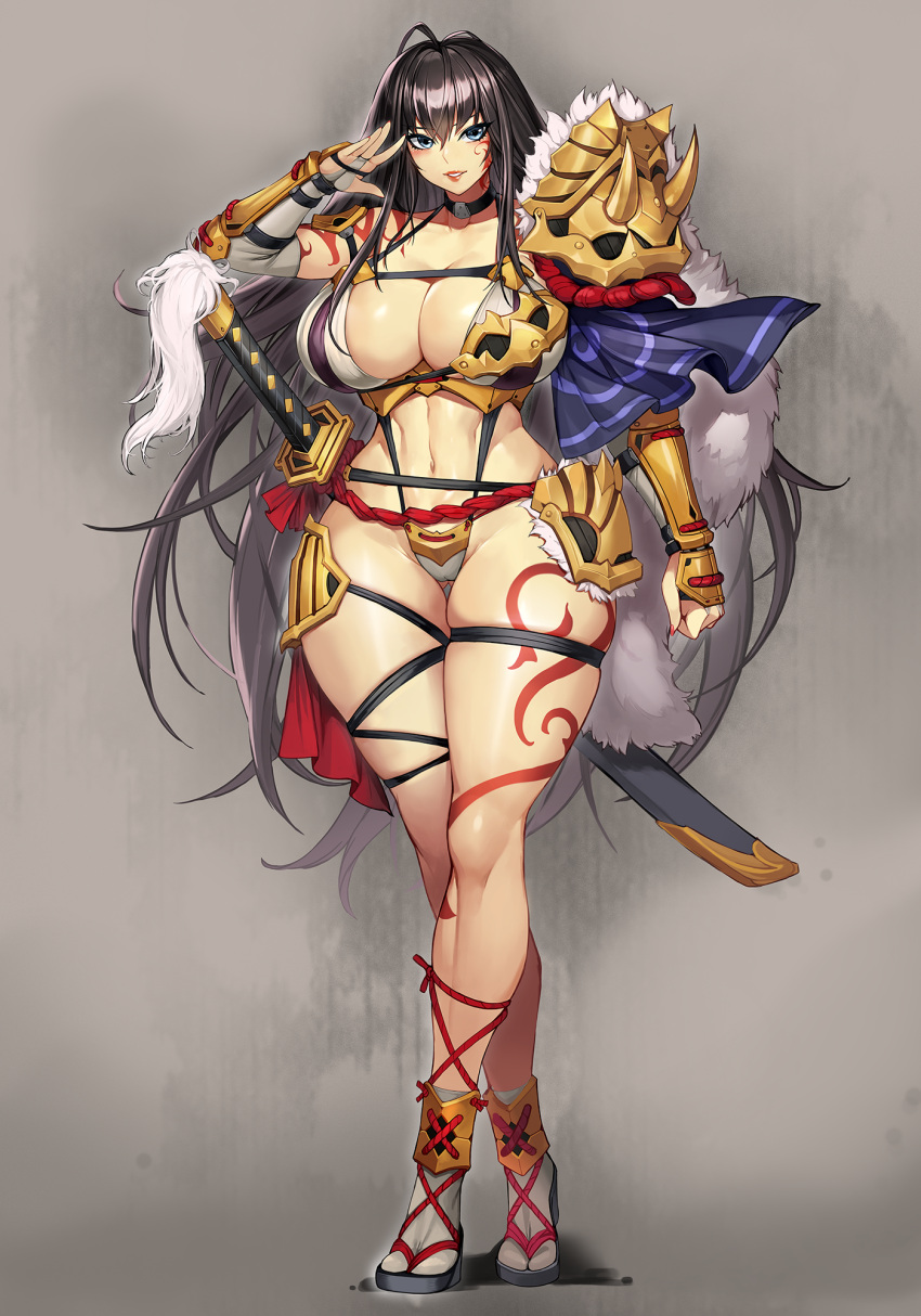 armor asymmetrical_armor black_hair blue_eyes breasts bridal_gauntlets cameltoe cleavage curvy facial_tattoo female gauntlets gluteal_fold gurimjang highres large_breasts leg_tattoo long_hair navel original parted_lips revealing_clothes shoulder_armor shoulder_tattoo solo stomach sword tabi tattoo thighs very_long_hair weapon wide_hips