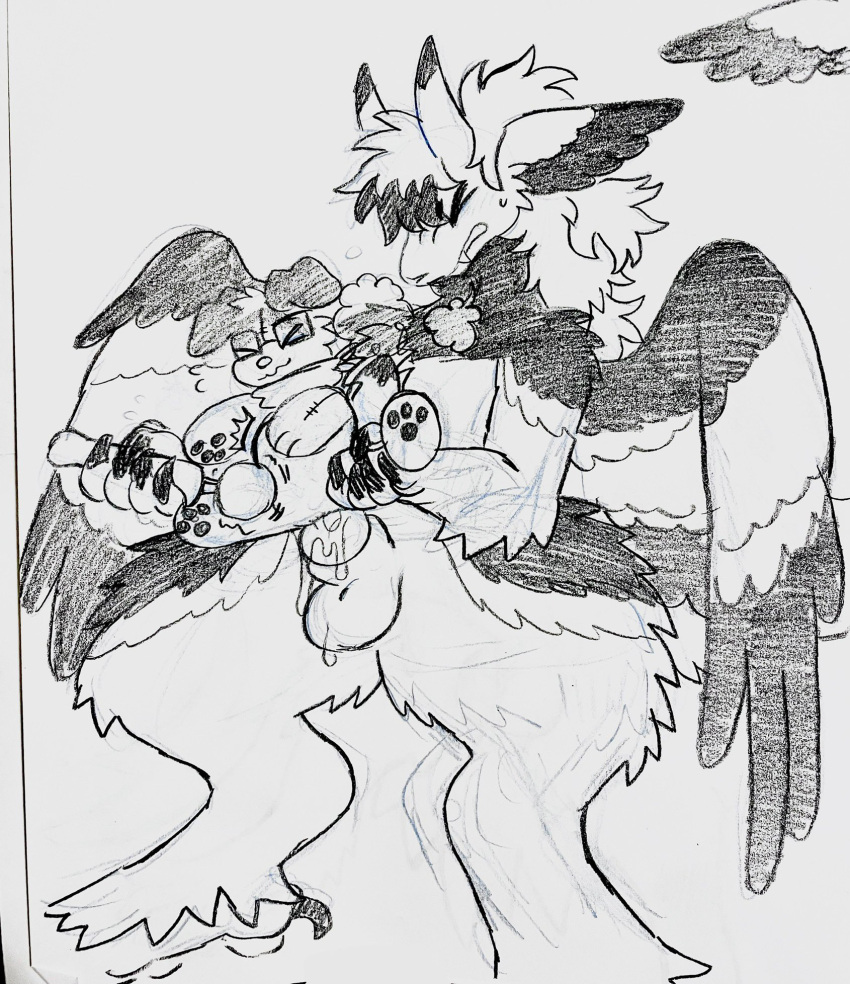 >_< ambiguous_gender ambiguous_penetrated animate_inanimate anthro anthro_penetrating birdpaw_(artist) black_and_white bodily_fluids button_ears canid canine canis claws closed_eyes cum cum_inside domestic_dog dragon duo eyewear fangs feathered_dragon feathered_ears feathered_wings feathers floppy_ears fur furred_dragon fursona_(birdpaw) genital_fluids glasses graphite_(artwork) guide_lines hair hi_res horn knot living_plushie male male/ambiguous male_penetrating male_penetrating_ambiguous mammal monochrome paws pencil_(artwork) penetration penile penile_penetration plushie plushophilia sex sex_toy sitting talons teeth traditional_media_(artwork) vibrator wand_vibrator wavy_mouth wings