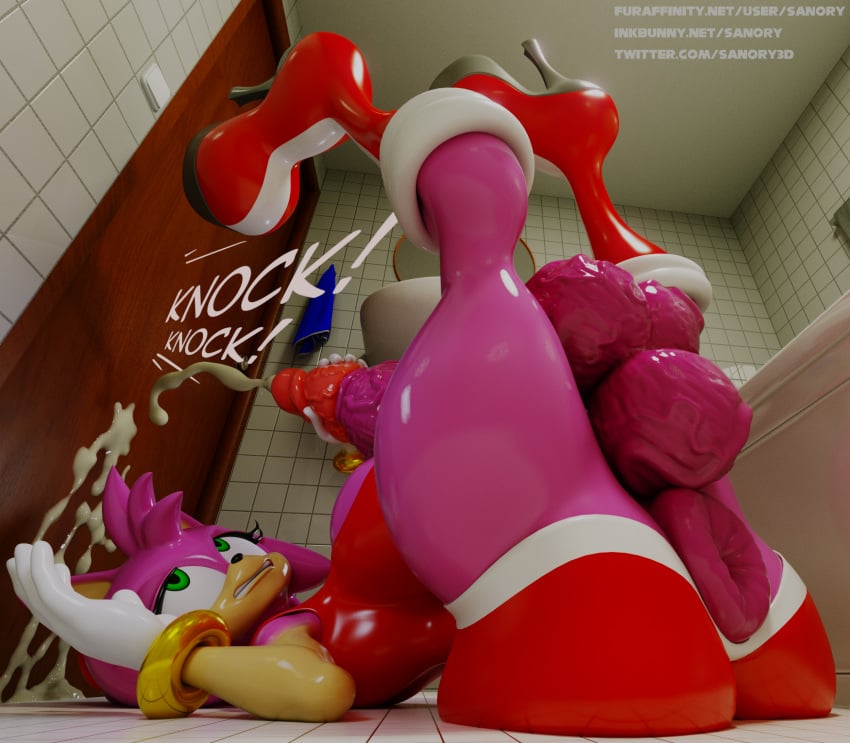 3d_(artwork) amy_rose anthro anus balls bathroom big_anus big_balls big_breasts big_penis bodily_fluids breasts clothing cum cumshot digital_media_(artwork) dress ejaculation eyelashes footwear futanari genital_fluids genitals gynomorph hi_res high_heels huge_anus intersex orgasm penis sanory_(artist) sega shoes solo sonic_(series) sonic_the_hedgehog_(series) surprise vein