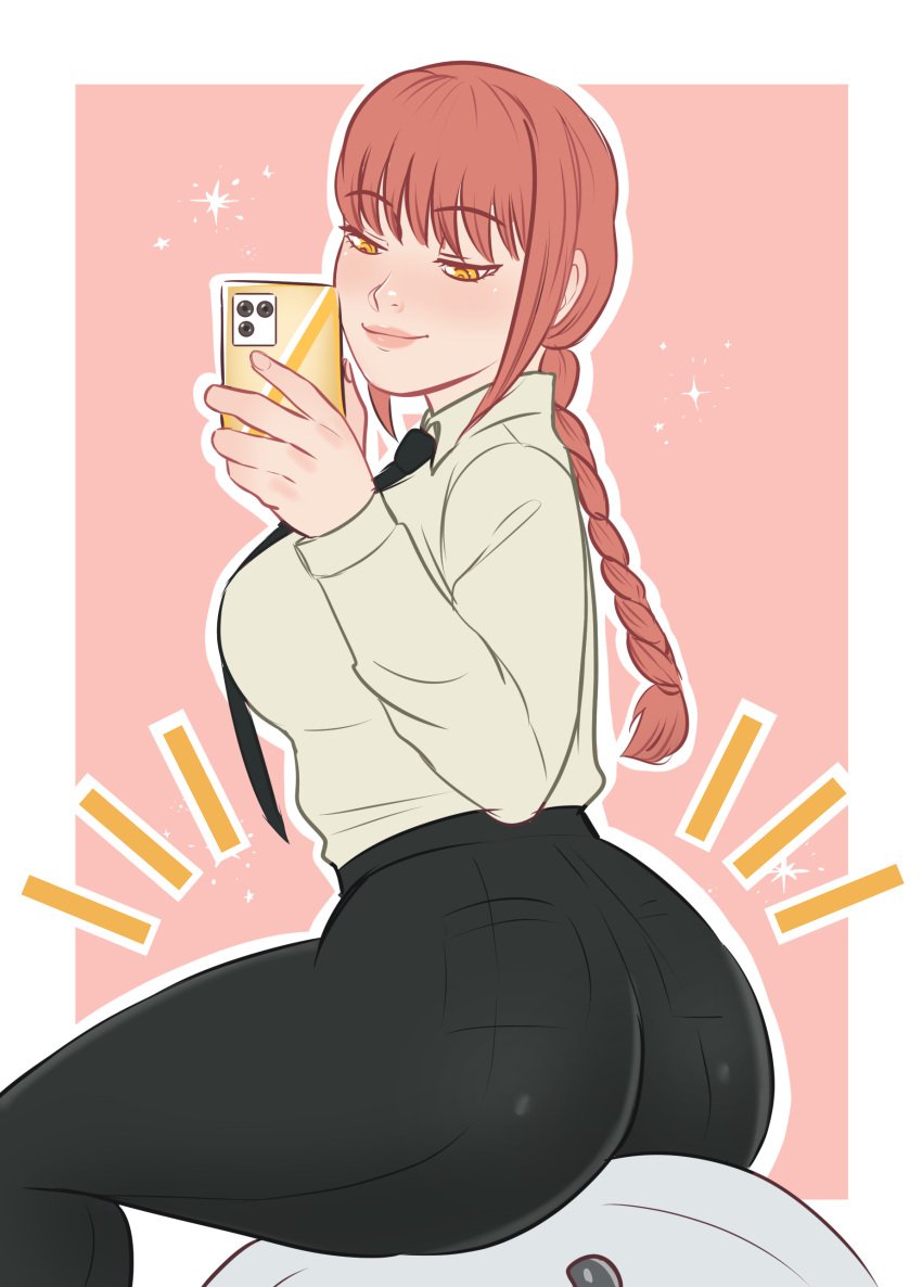 ass_focus big_ass big_breasts chainsaw_man hamstery makima_(chainsaw_man) phone presenting_hindquarters red_hair smug suit taking_picture thick_thighs tie tight_clothing tight_pants