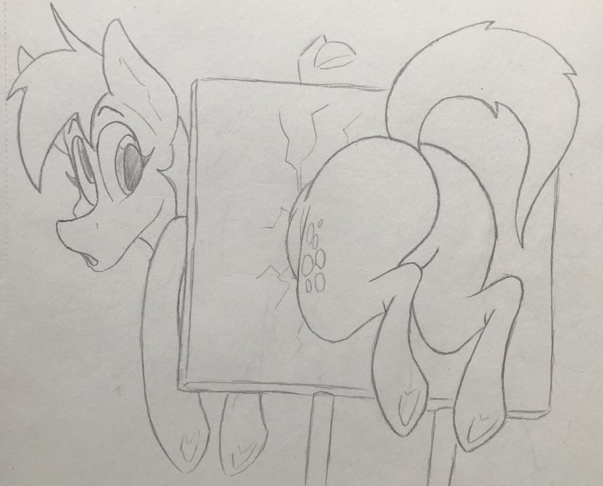 ass big_ass big_butt confused cutie_mark derpy_hooves dynamo1940 equine exposed exposed_ass eyes featureless_crotch female feral friendship_is_magic hasbro horn looking_back monochrome my_little_pony stuck stuck_in_object tail through_wall traditional_media_(artwork)