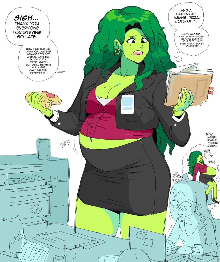 belly big_belly big_breasts bloated bloated_belly dr-worm female green_hair green_skin lewdlemage marvel marvel_comics muscular muscular_female office_lady she-hulk stuffing wide_hips