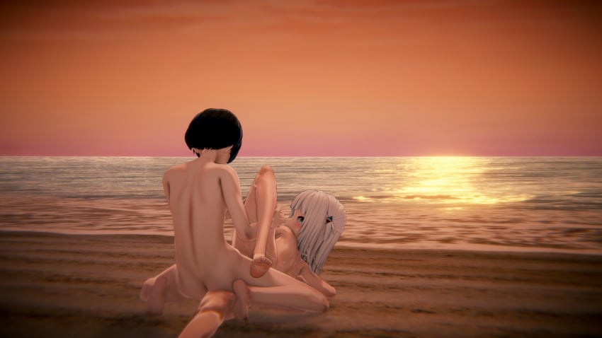 3d 3d_(artwork) beach blue_eyes cum gawr_gura hololive hololive_english hololive_myth ihate9 looking_at_viewer multicolored_hair nude sex sunset virtual_youtuber