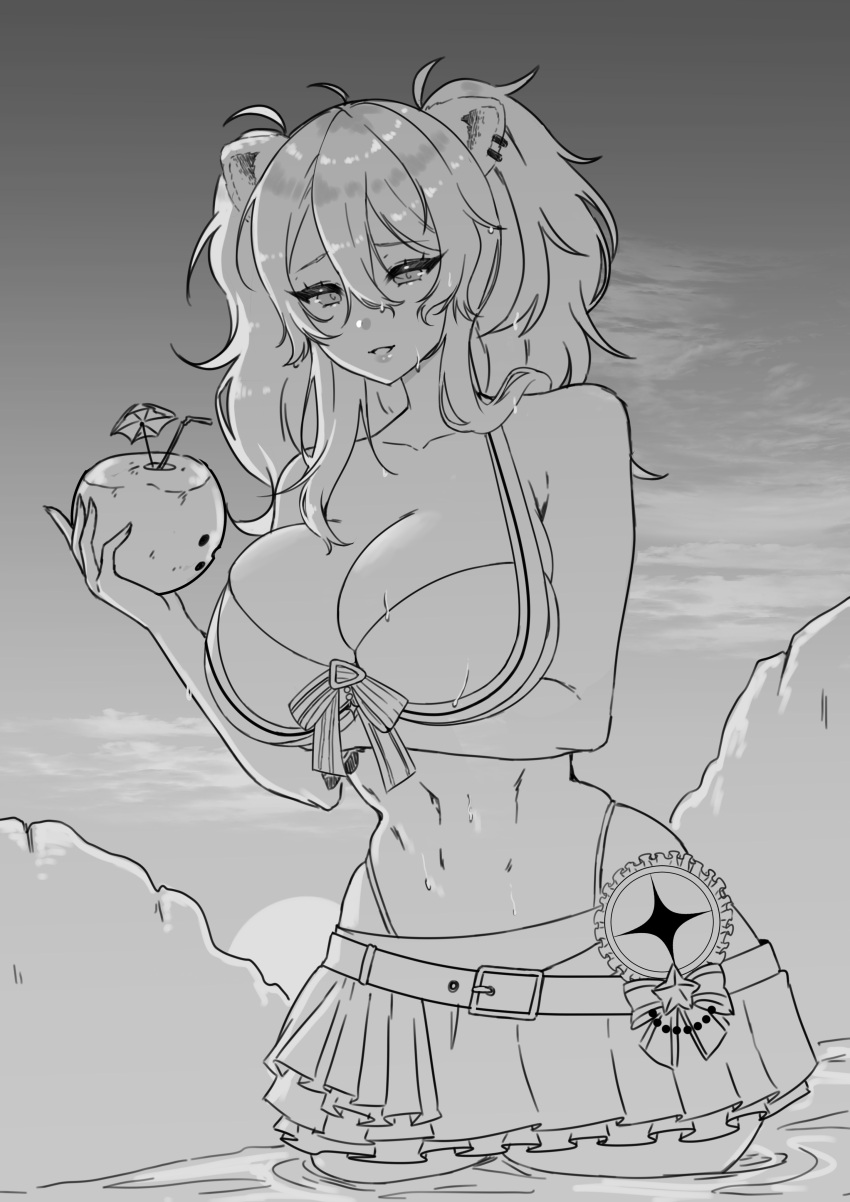 1girls arm_under_breasts bikini breasts cleavage coconut cryptid_crab drink female female_only greyscale hair_between_eyes hololive hololive_gen_5 hololive_japan large_breasts long_hair monochrome ocean outdoors partially_submerged shishiro_botan smile solo sunset swimsuit twintails virtual_youtuber wet