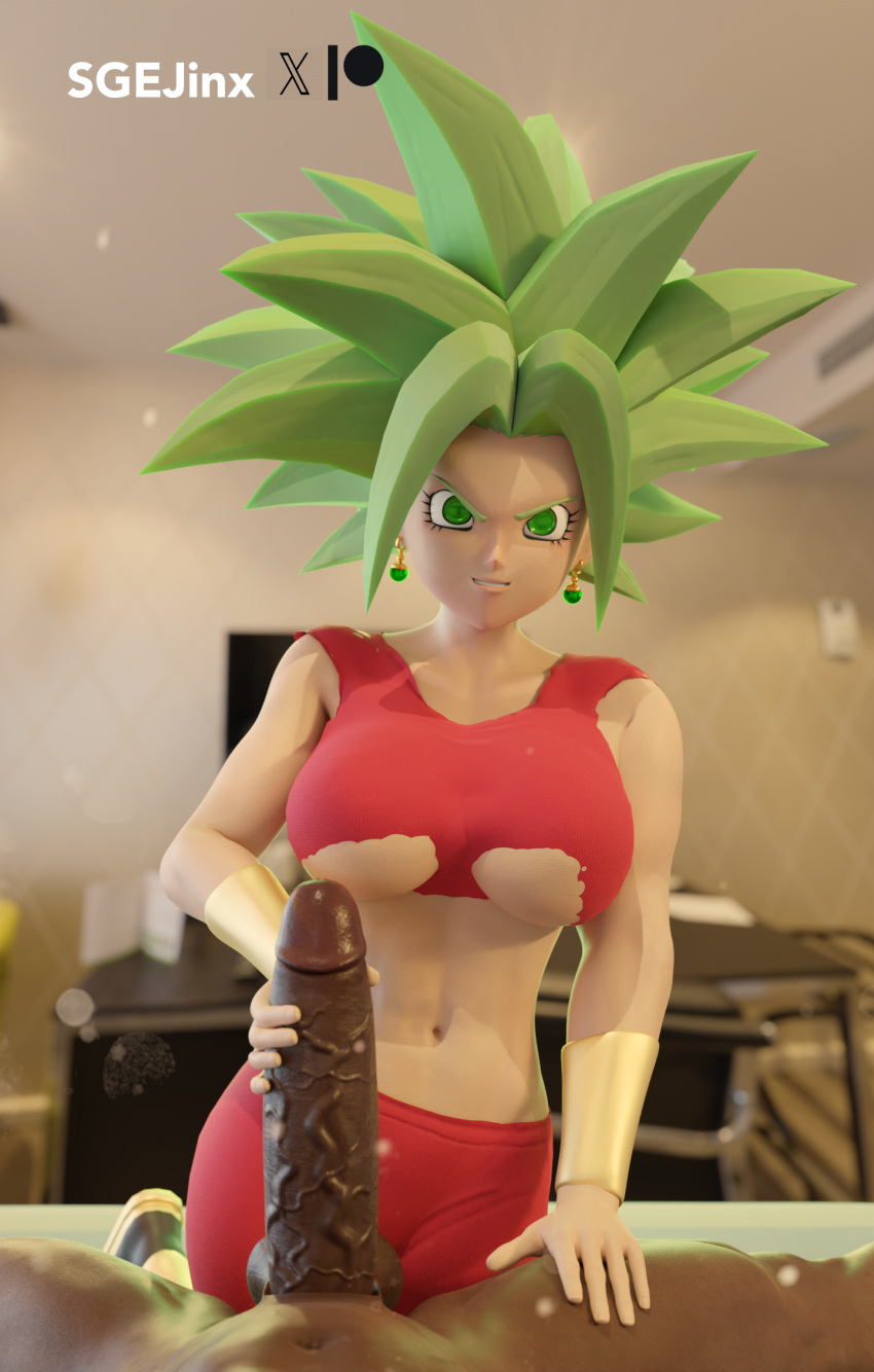 1boy 1boy1girl 1girls 3d bed bedroom big_breasts big_penis blender blender_cycles bracers chair costume dark-skinned_male dark_skin depth_of_field desk dragon_ball dragon_ball_super earings female fusion fusion_character fusion_suit green_hair handjob hands_on_legs hands_on_penis hi_res high_resolution highres hotel hotel_room imminent_sex indoors interracial kefla kneeling kneeling_female legendary_super_saiyan light-skinned_female light_skin male pants patreon_logo patreon_username potara_earrings saiyan saiyan_girl sgejinx_(artist) shirt shirt_lift shirt_up smile spiky_hair stroke super_saiyan super_saiyan_2 torn_clothes torn_clothing tv twitter_logo twitter_username underboob